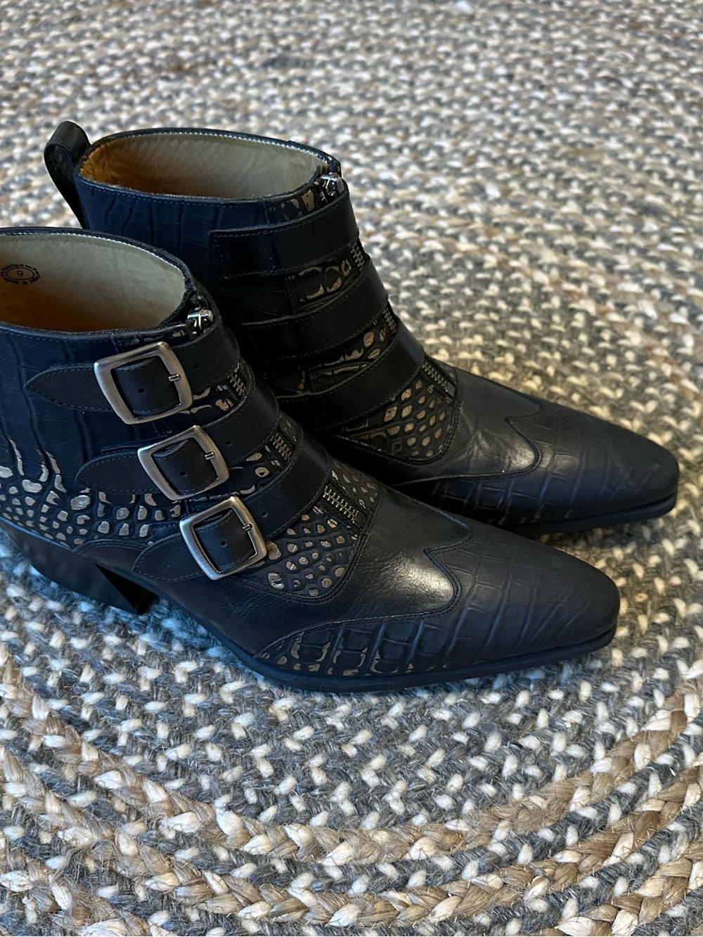 John Fluevog Black Croc-Embossed Triple Buckle Ankle Idol Jack Boots